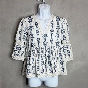 Embroidered Blue and White Women's Top